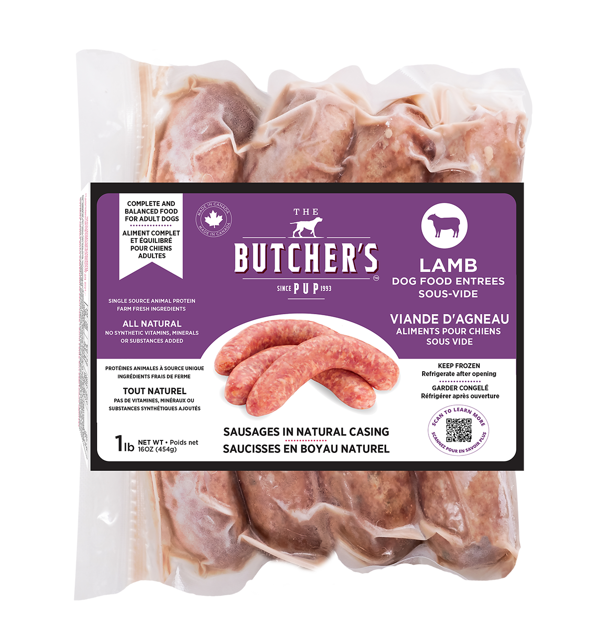 The Butcher's Pup Frozen Sous Vide Sausages 1 lb total weight per package, 4 proteins to choose from