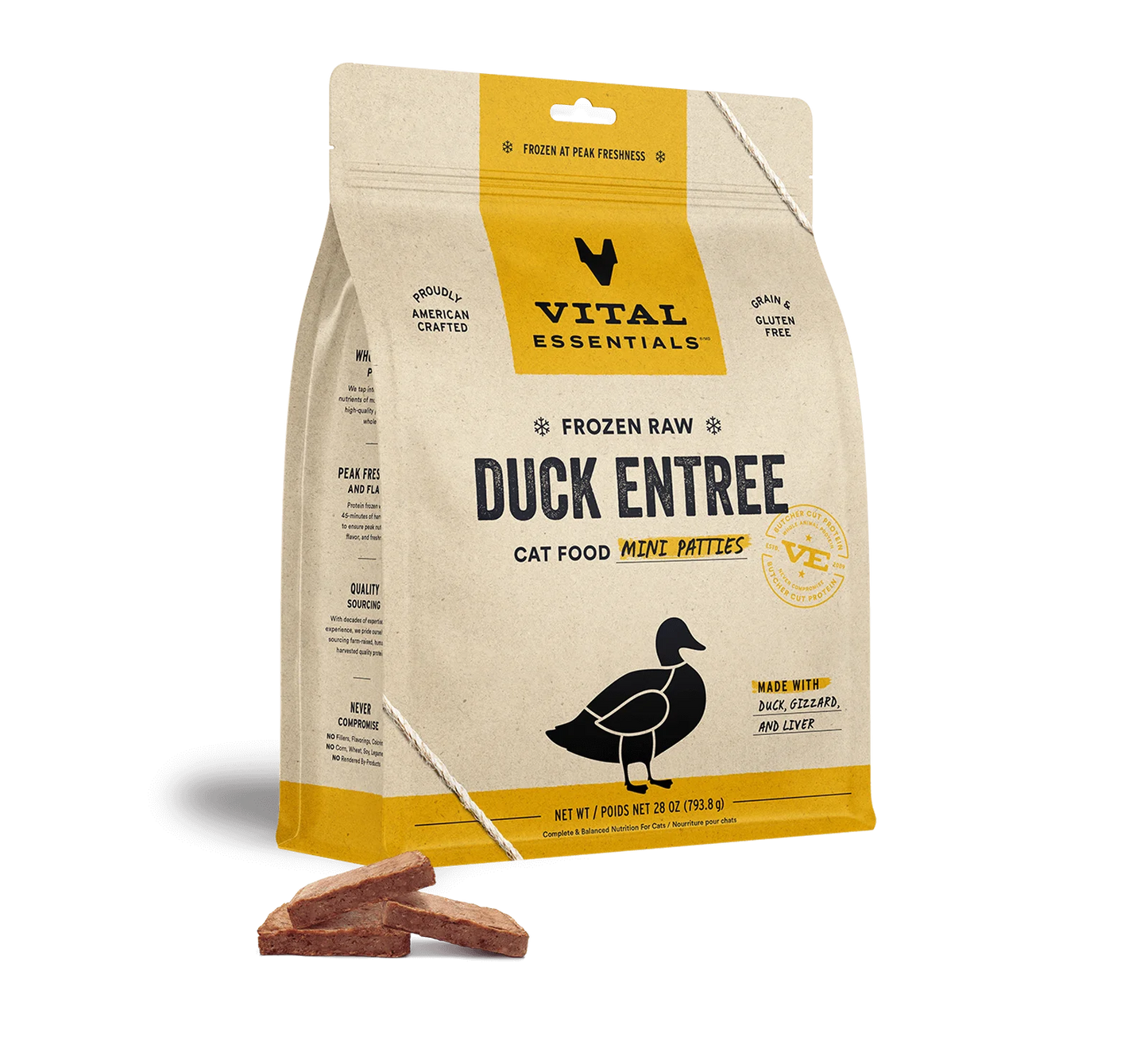 Vital Essentials Grain Free Duck Mini Patties Freeze Dried for Cats, 8 oz