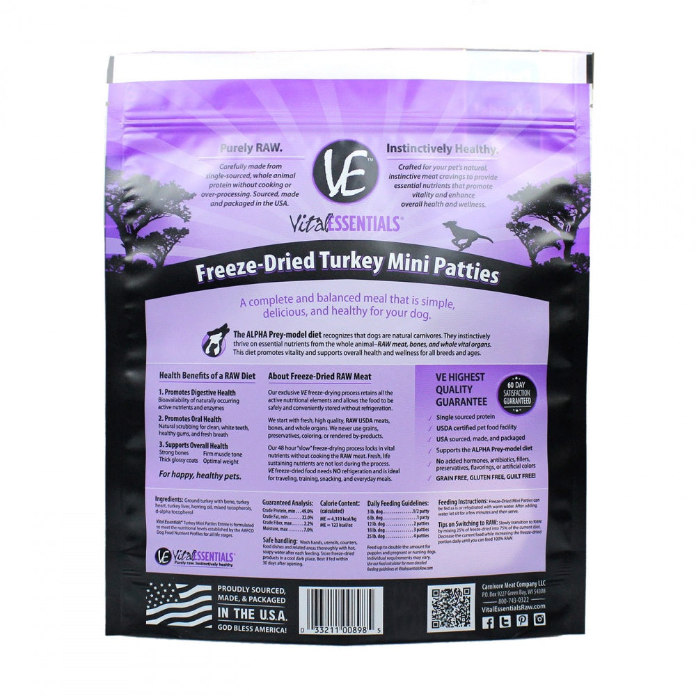 Vital Essentials Freeze Dried Grain Free Turkey Mini Patties Entree for Dogs Food