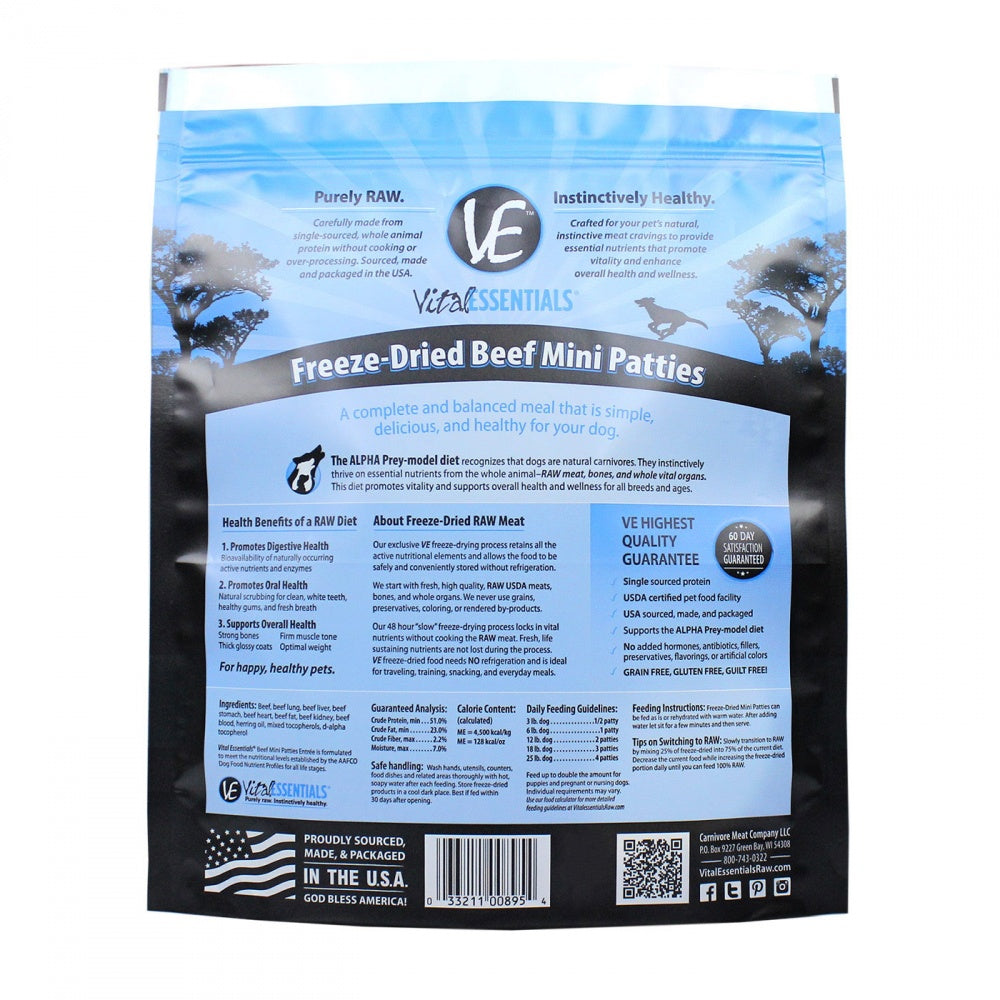 Vital Essentials Freeze Dried Beef Grain Free Mini Patties Entree for Dogs Food
